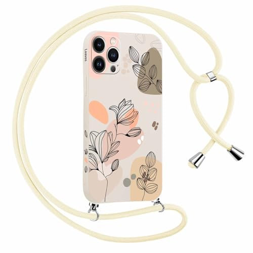 Yirlbey Funda con Cuerda para iPhone 13 Pro MAX 6,7 Dibujos Flores y Geométricos Silicona Carcasa Telefono Cordon Correa Colgante para Movil Collar Extraible, Suave Antigolpes Ultra Fina Mujer Case