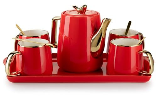 HowHomely Keramik Kaffeeservice für 4 Personen Modern - Rot Set mit Kanne, 4 Tassen und Serviertablett - Ideal für Kaffeeset Teeservice oder andere Getränke