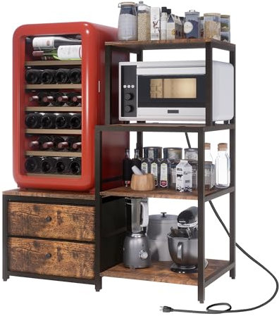 Cooday Mini Fridge Cabinet Stand with Power Outlet, Kitchen Bakers Rack with Storage Drawers, Coffee Bar Cabinet for Kitchen, Microwave & Mini Fridge Stand, Storage Shelves for Home, Office & Dorm