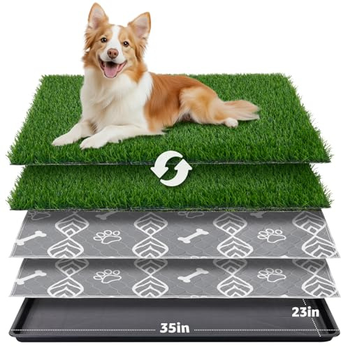 LOOBANI Large Dog Grass Pad with Tray - 35x23in Dog Litter Box with 2 Artificial Grass Patch + 2 Washable Pee Pads - Quickly Absorbency Indoor Outdoor Potty for Patio Balcony Apartment Use