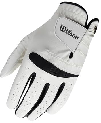 Wilson Feel Plus Herren-Golfhandschuh, Premium-Leder, Verbesserter Grip und Schweißkontrolle, Weiß, Größe ML (Linke Hand)