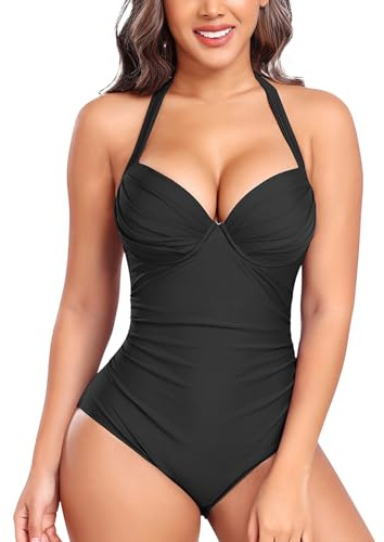 Rayson Costume da Bagno Donna Intero Costumi Curvy Modellante Push Up Scollo a V Costume Mare Sexy Reggiseno con Ruche Beachwear con Cinghia da Collo