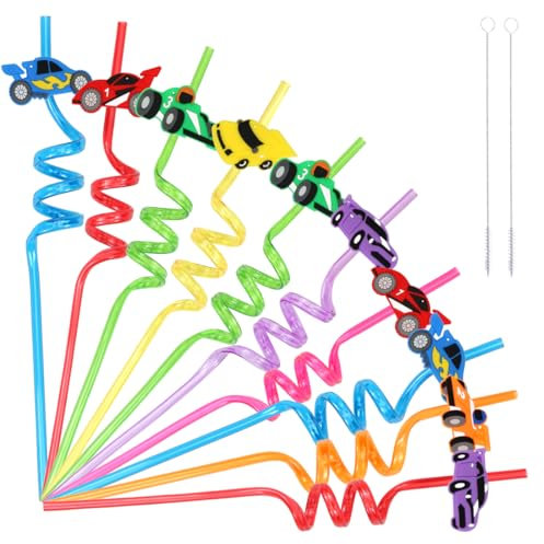 Pajitas para niños, 10 unidades, reutilizables, coche de carreras con cepillo de paja, pajitas de cumpleaños infantiles, pajitas de plástico coloridas como accesorios de fiesta para cumpleaños
