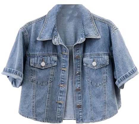 Vogrtcc Women’S Vintage Blue Half Sleeve Denim Jean Jacket Slim Casual Cowboy Outerwear Big Pocket