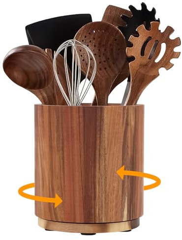 Pot à Ustensile de Cuisine, Porte-Ustensiles en Bois avec Rotation à 360°, Support à Couteaux de Cuisine pour Organiser les Ustensiles de Cuisine, Rangement Pot Ustensile pour Fourchette et Baguettes