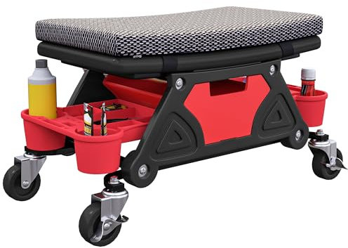 HOMCOM Tabouret d'atelier Mobile Charge Max 135 kg, Tabouret de mécanicien avec roulettes Rotatif à 360° avec Plateaux à Outils coulissants et tiroir, siège Roulant pour réparation Auto Garage, Noir