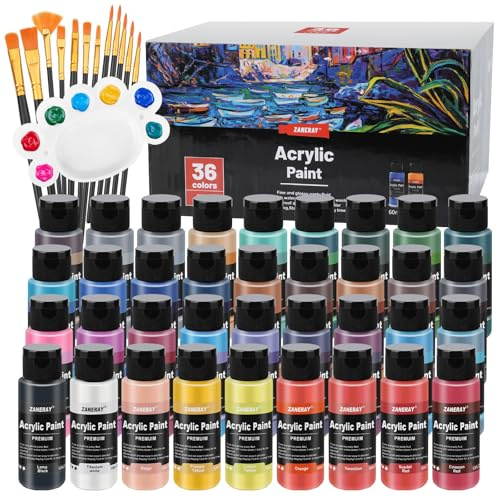 Hcunbsu Acrylfarben Set, 36 x 60 ml Acryl farben mit 12 Pinselset & 1 Palette, Acrylic Paint Wasserfest für Künstler, Anfänger, Erwachsene auf Leinwand, Steine, Holz geeignet