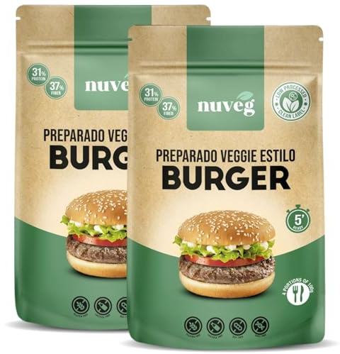 NUVEG Preparado Veggie para Hamburguesa Vegetal, Dieta Vegana y Vegetariana, Alto en Proteínas y Fibra, Sin Gluten y Sin Lactosa, Comida Preparada en Conserva, Fácil y Rápida, Pack 2, 270g