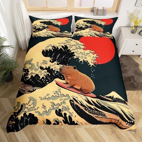 Homemissing Kanagawa Welle Capybara Bettwäsche 135x200cm Japanisches Ukiyoe Motiv für Jugendliche,Bettbezug starker Reißverschluss,kunstvolles Wohnzimmer-Bett-Set mit 1 Kissenbezug