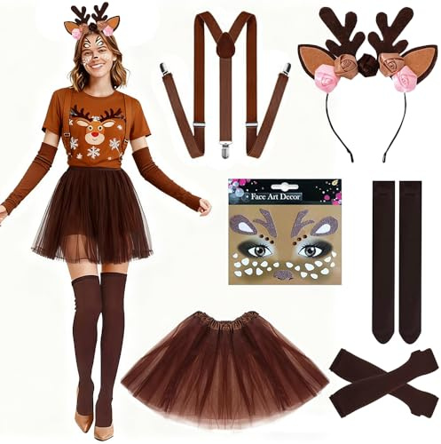 Reh Kostüm Damen, Rentier Kostüm Erwachsene Damen, mit Geweih Haarreif, Tüllrock, Reh Gesichtstattoo, Hosenträger, Kniestrümpfe, Reindeer Costume Women, für Fasching, Karneval, Festliche Accessoires