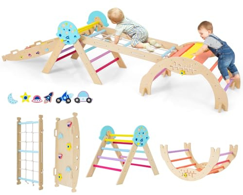 HOMASIS 4 in 1 Kletterdreieck mit Kletternetz, Kletterbogen, Wippe & Leiter, Klettergerüst mit doppelseitige Rampe & Baustein Set, Holz Sprossendreieck für Kinder ab 1 Jahr (Bunt, Astronaut)