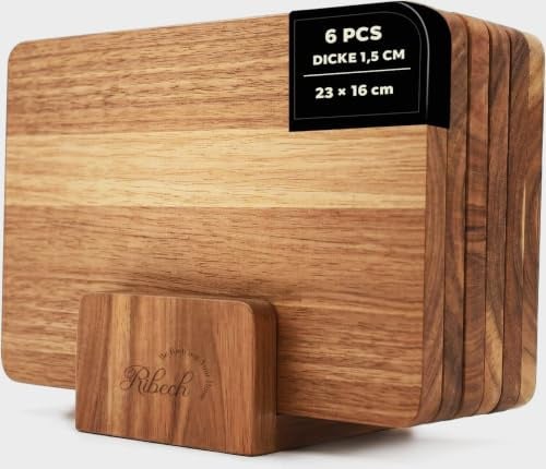 Ribech Frühstücksbrett Set 6-teilig aus Akazienholz inklusive Aufbewahrungsständer | Kleine Holzschneidebretter für Frühstück