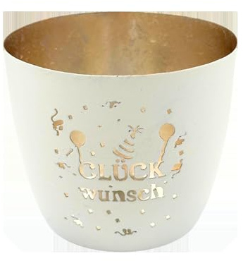 Party Windlicht Baltic – Metall mit Schriftzug – Glückwunsch, weiß, Gold | 10 x 10 x 8,5 cm – für Teelichter & Stumpenkerzen – Haus, Garten, Balkon, Terrasse – Licht- & Schattenspiele – Seaside No.64