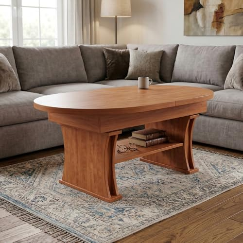 designimpex DA-130 Couchtisch oval Kirschbaum ausziehbar 130 bis 170 cm höhenverstellbar 60-75 cm Ablage modern ovaler Wohnzimmertisch Esstisch Beistelltisch Sofatisch platzsparend Wohnzimmer