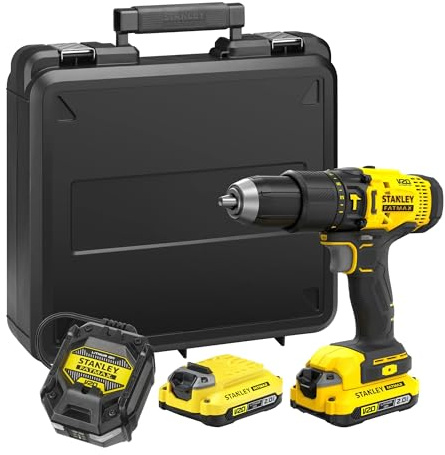 STANLEY FATMAX V20 Cordless 3 Gear Hammer Drill Driver, Includes 2X 2.0Ah Li-Ion Batteries and 1.25A Charger, 18V, SFMCD711D21-GB, Black/Yellow