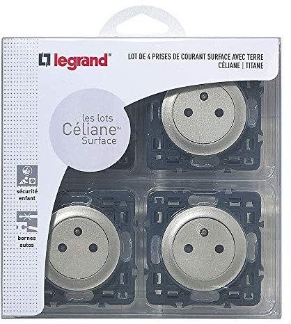 LEGRAND - Prise Electrique Murale avec Terre Céliane Surface - Prise Affleurante avec Socle Rétractable - Fabriqué En France - Titane - Lot de 4