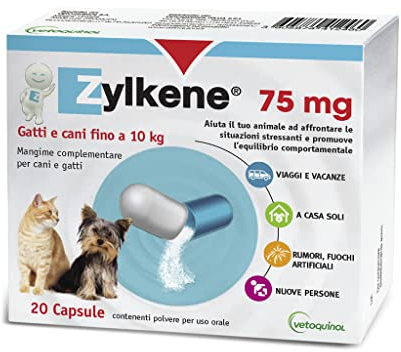 Zylkene Mangime Complementare | Gatti e Cani fino a 10 kg | Rilassante per situazioni di disagio |, 20 capsule da 75 mg