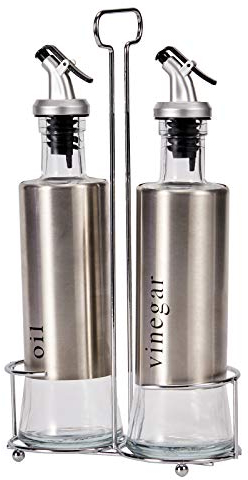 DRULINE 3tlg. Menage Set - Essig Öl - Gewürzständer – 2 x je 300 ml für Essig und Öl - Glas/Edelstahl/Kunststoff - B/H/T ca. 14,5 x 27 x 7,5 cm