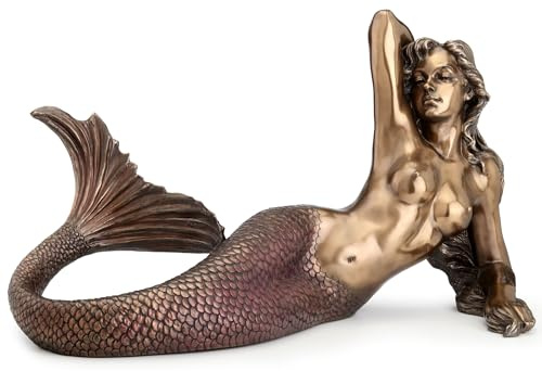Veronese Design Meerjungfrauen-Skulptur mit liegender Rückenlehne, nautisches Dekor, Kaltgussharz, Bronze-Finish, 64 cm