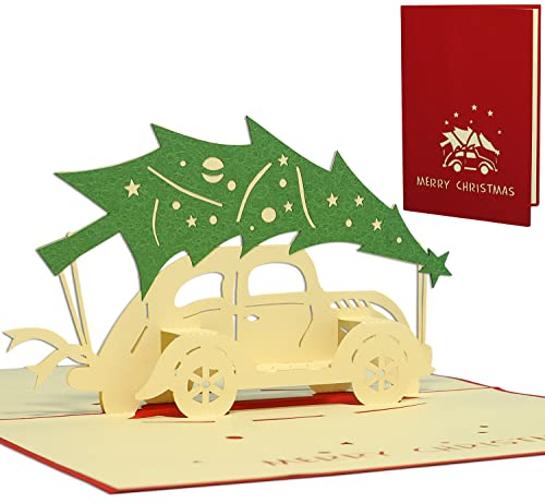 LINPopUp® 3D Karte, Weihnachtskarte, Glückwunschkarte, Auto Tannenbaum, N413, 17712, rot-creme