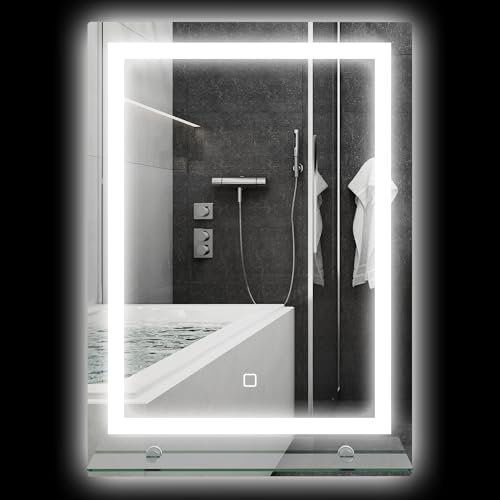 HOMCOM kleankin Miroir rectangulaire Lumineux LED Miroir Mural de Salle de Bain avec étagère intégrée 3 Couleurs luminosité réglable Interrupteur Tactile dim. 50L x 12l x 70H cm Argent