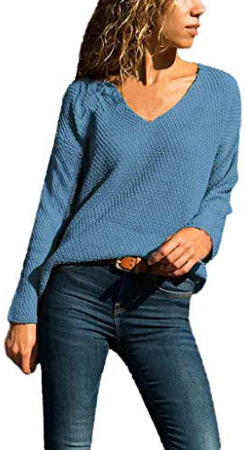 CICIYONER Damen Strickwaren Pullover V-Ausschnitt Volltonfarbe Passender langärmeliger dünner