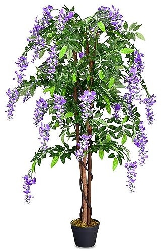 COSTWAY Plantas Artificiales Decorativas, Flores Artificiales con Ratán Simulado con 840 Hojas, Árbol Artificial Planta Simulación con Flores moradas para Oficina Hogar Boda Interior Decoración