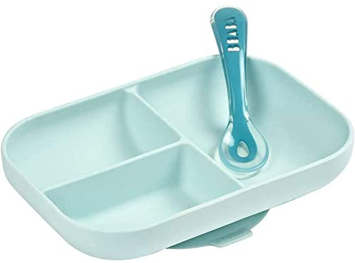 BÉABA, Set Repas Bébé, Avec Ventouse, Anti dérapant, Assiette Silicone Compartimentée + Cuillère, Sain et Durable, Compatible lave-vaisselle, Micro-onde, Congélateur, Facile d'entretien, Bleu