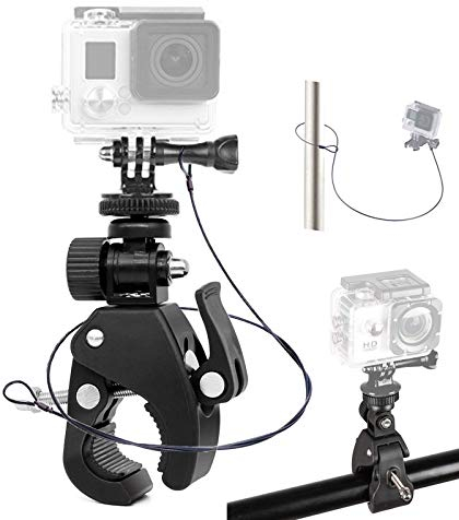 Rohrstangenklemme Lenkerhalterung mit Edelstahl-Sicherheitsleine für GoPro Hero 8 7 6 5 4 3+ Session-Action-Kamera, Jagdkamera, DJI OSMO-Action, LCD-Monitor, DSLR-Kameras, DV, Angelrute