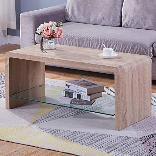 GOLDFAN Wooden Glass Style Coffee Table Rectangle Tea Table with Lower Shelf for Living Room Centre Table