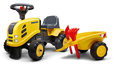 FALK - Komatsu Baustellenträger mit Anhänger – ab 12 Monaten Schaufel und Rechen inklusive – 2 Personalisierungsstile – Nummernschild personalisierbar – 286C