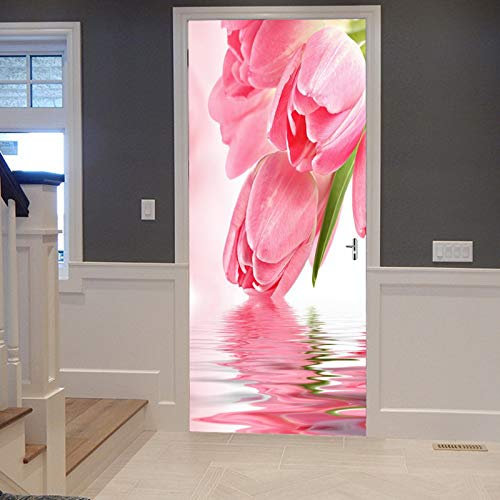 A.Monamour Türtapete Selbstklebend Türfolie Türposter 3D Rosa Tulpen Blumen Mit Grün Lassen Reflexion Im Wasser Zen Vinyl Folie Türdeko Tapete Wandbild Türaufkleber Türtattoo 77 x 200 cm