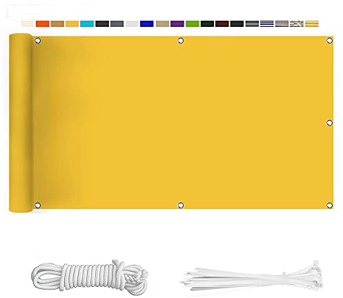 HERILIOS Balkon Sichtschutz, Balkonabdeckung 220 g/m² Innen Balkonverkleidung UV-Schutz (210Größen&21Farben) Ohne Bohren mit Ösen Kabelbinder und Kordel für Balkongeländer Terrasse,75X800CM Gelb