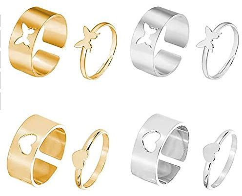 Freundschaftsringe, Schmetterlings Ringe, Herz Ringe, Verstellbar Ringe Set, Damen Herren Paar Ring, Versprechen Rringe, Zinklegierung, für Geschenk, Tägliche Kleidung 8 Stück (Gold, Silber)