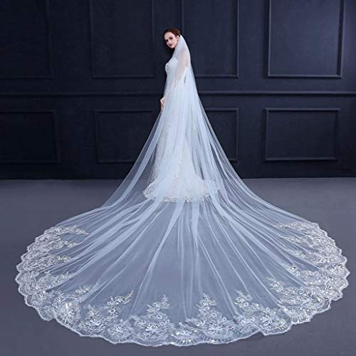 TGRTY Braut Hochzeitsschleier 3Meter Weiß Elfenbein Kathedrale Brautschleier Lange Spitze-Rand-Brautschleier mit Kamm Hochzeit Zubehör Braut Brautschleier Wunderschöner Brauttüll