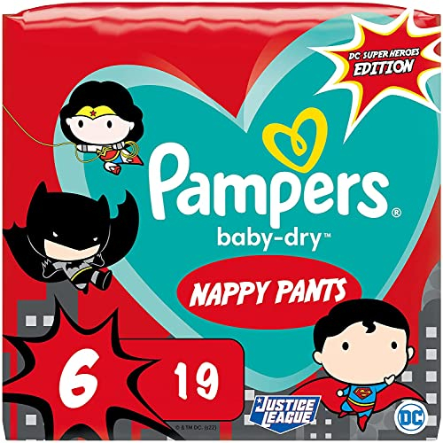 Pampers Windeln Superhelden Pants Größe 6 (15kg+) Baby-Dry, Extra Large, 19 Höschenwindeln, SINGLE PACK, mit Stop- und Schutz Täschchen