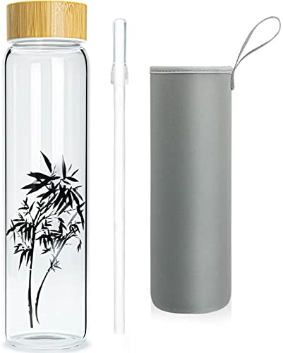 Ferexer Sport Gourde Verre Bouteille Verre 1L / 1 Litre / 600 ML (1000ml, Bambou)