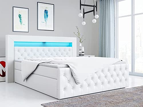 MKS MEBLE Boxspringbett 180x200 mit Led Weiß Kunstleder, Bett Polsterbett 180x200 mit LED Kopfteil, Multipocket Matratze H3, Doppelbett mit Bettkasten Stauraumbett - Gold-9 - Weiß Kunstleder