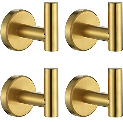 JQK Bathroom Towel Hook Brushed Gold, Brass Coat Robe Clothes Hook for Bathroom Kitchen Garage Wall Mounted (Pack of 4), SUS 304 Stainless Steel 0.8mm, TH100-BG-P4