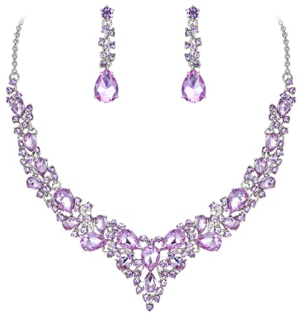 Ever Faith Wedding Bridal Crystal Teardrop Cluster Statement Necklace Dangle Earrings Jewellery Set for Women Lavender Purple