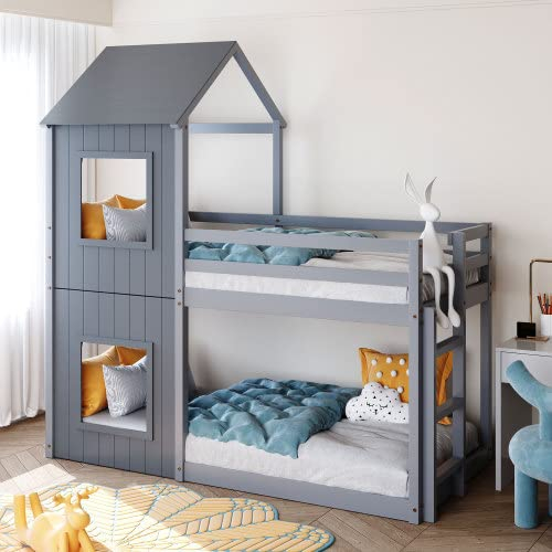 ZYLOYAL10 90 * 200cm Etagenbett Hausbett, vielseitiges Kinderbett aus Massivholz, bodentief, mit 3-Stufen-Leiter & Sicherheitsgeländer ausgestattet,Hausbett für Jungen & Mädchen (Grau)
