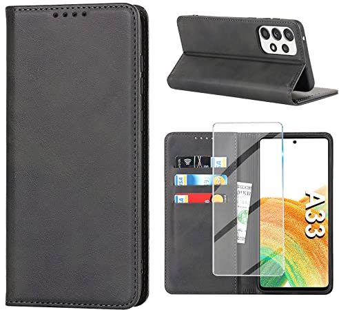 Handyhülle für Samsung Galaxy A33 5G Hülle mit Panzerglas Schutzfolie, Schutzhülle A33 5G Leder Wallet Kartenfach Standfunktion Stoßfest Klapphülle Hüllen Galaxy A33 5G Case Cover Klappbar (Schwarz)