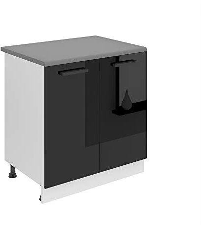 Belini Unterschrank Küche, Küchenunterschrank 80 cm Breite. SD Küchenunterschrank mit Arbeitsplatte. Küchenschrank mit 2 Türen, Schwarz Hochglanz