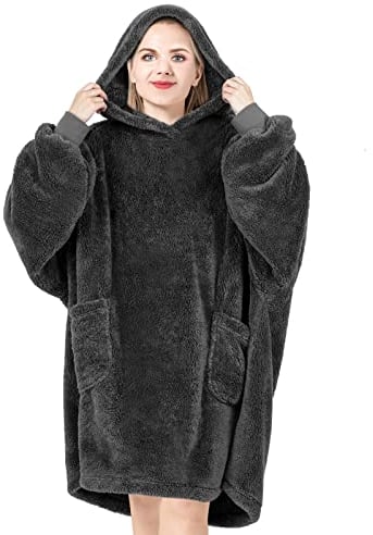 WOLTU Hoodie Decke mit Ärmeln Kapuze, Oversized Kapuzenpullover flauschig, Oeko-TEX Zertifiziert, weiche Ärmeldecke Tragbare Decke zum Anziehen, Damen Herren, 95x85 cm Anthrazit