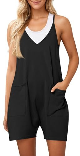 Ebifin Damen Latzhose Kurz Arbeitshose Sommer Lose Overall Jumpsuit Ärmelloser Latzhosen mit Große Taschen.Schwarz.L