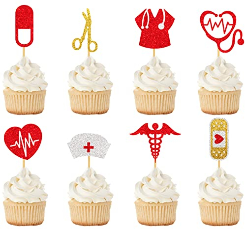 Whaline 25Pcs Nurse Cupcake Toppers Glitter Nursing School Graduation Cupcake Toppers Stethoscope Heartbeats Cupcake Food Sticks for Nurse Retirement Medical Rn Nurse Grad Birthday Party Supplies