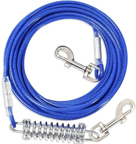Upgraded Blue Dog Tie Out Cable Leash with Spring, 360° Swivel Hooks, Steel Wire Dog Cable for Yard, Durable Clips (3m)