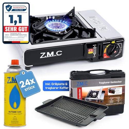 Z.M.C Edelstahl Gaskocher 1-flammig + Aufbewahrungskoffer + Grillplatte 33x26x4 cm, mit 24x Gaskartuschen 227g, Campingkocher für Outdoor und Innenraum, Campinggaskocher 2,2 kW, mit Piezozündung