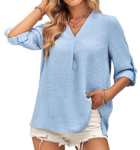 Tanmolo Bluse Damen 3/4 Ärmel mit V-Ausschnitt Elegant Oberteile Casual Swiss Dot Tops Tunika Hellblau, S