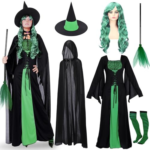 Hercicy 7 Pcs Adult Women Halloween Witch Costume Set Hood Cloak Dress Choker Broom Striped High Socks Wizard Hat Wig (Green, Black, Medium)